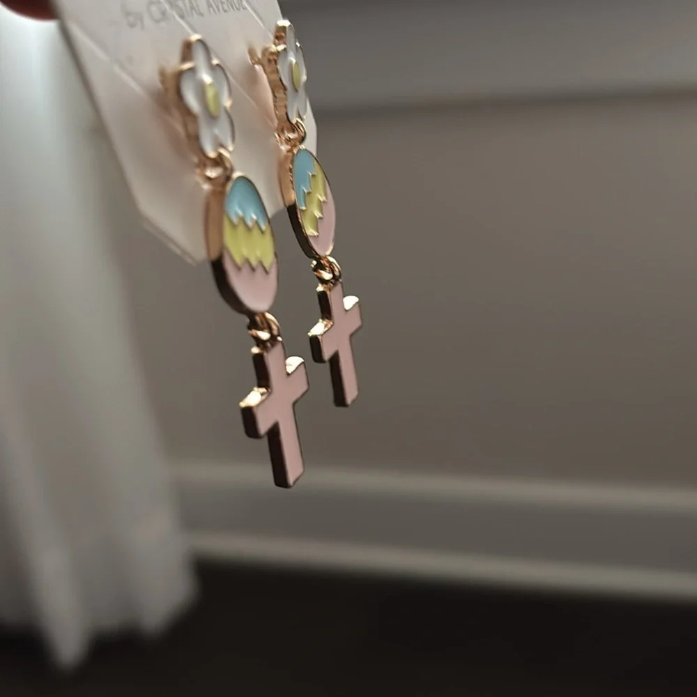 Juliet floral post drop, painted colorful Easter eggs with pink cross earrings